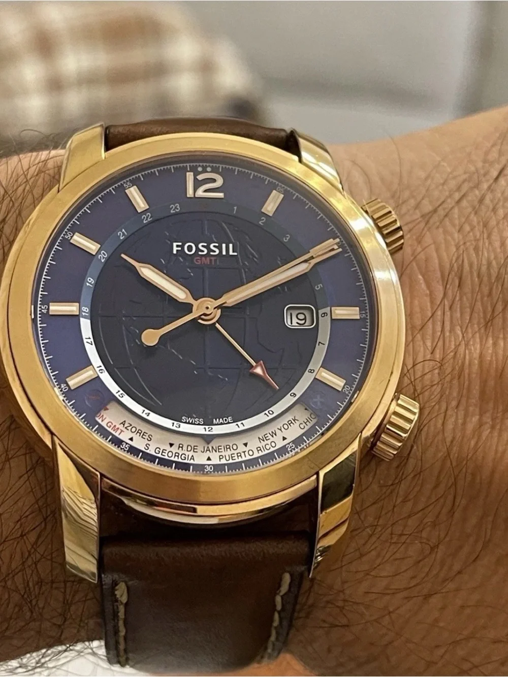 Fossil Swiss Made GMT FSW7006 Men's Watch - Sapphire Crystal - Rose Gold/Blue